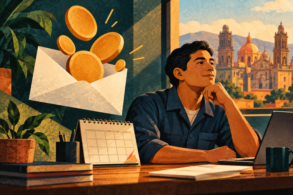 Ilustración generada con inteligencia artificial: una persona trabajadora junto a un calendario y un sobre con monedas.