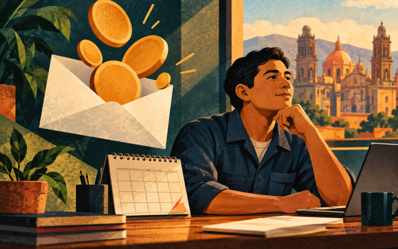 Ilustración generada con inteligencia artificial: una persona trabajadora junto a un calendario y un sobre con monedas.