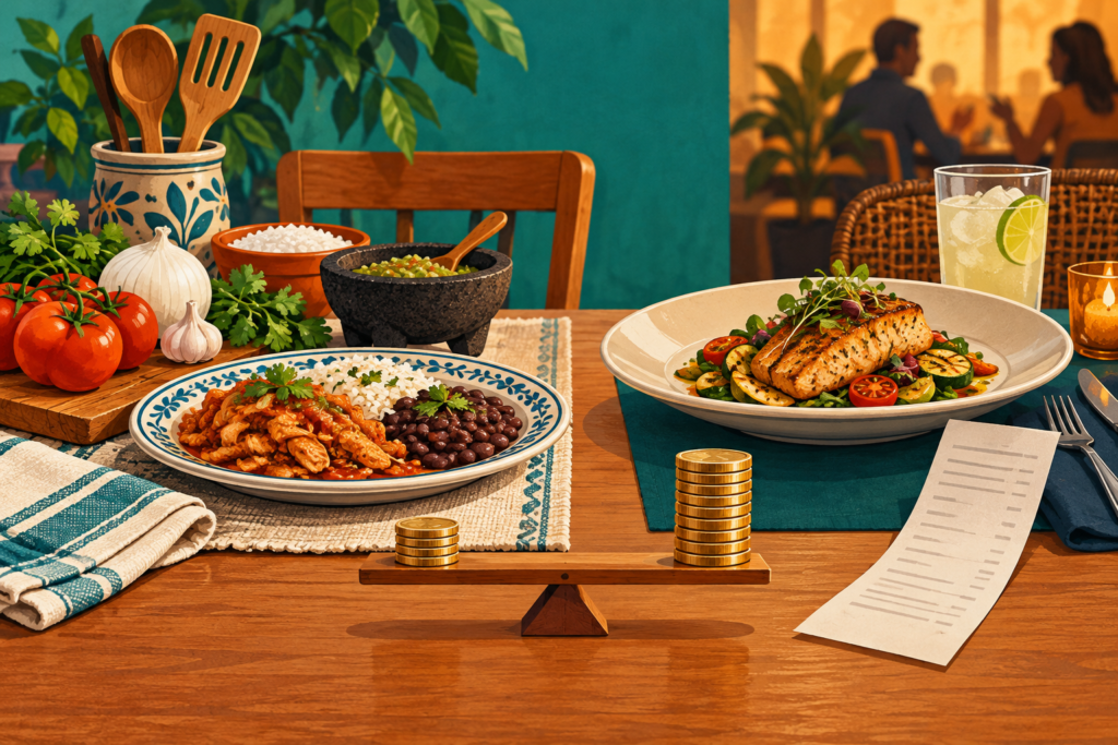 Ilustración generada con inteligencia artificial: dos platos y una balanza con monedas representan la comparación entre comer en casa o fuera.