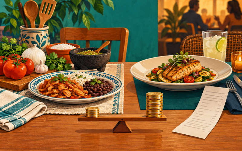 Ilustración generada con inteligencia artificial: dos platos y una balanza con monedas representan la comparación entre comer en casa o fuera.