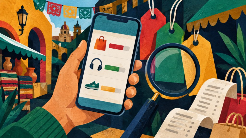 Ilustración generada con inteligencia artificial: una mano consulta un comparador de productos en un teléfono junto a etiquetas de compra y una lupa.