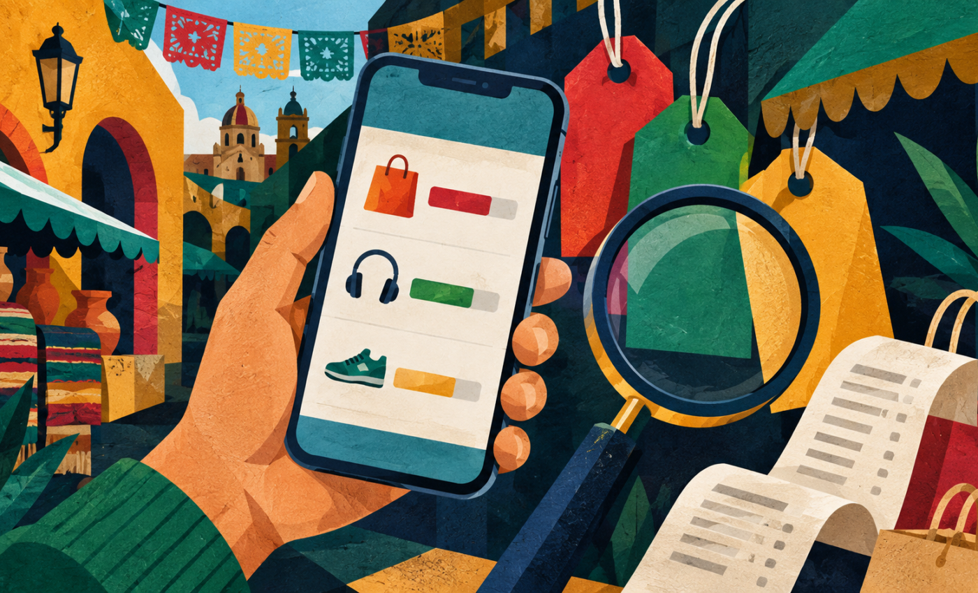 Ilustración generada con inteligencia artificial: una mano consulta un comparador de productos en un teléfono junto a etiquetas de compra y una lupa.