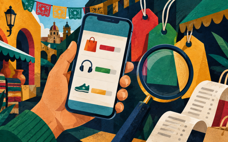 Ilustración generada con inteligencia artificial: una mano consulta un comparador de productos en un teléfono junto a etiquetas de compra y una lupa.