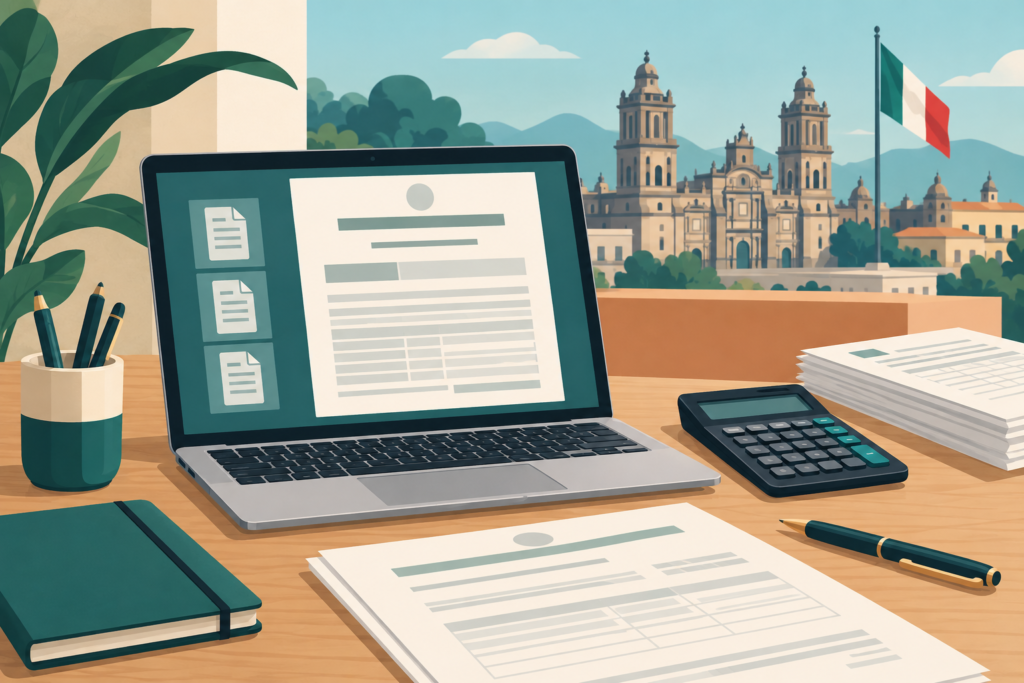 Ilustración generada con inteligencia artificial: computadora con un documento genérico, calculadora y papeles.