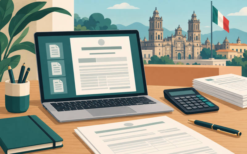 Ilustración generada con inteligencia artificial: computadora con un documento genérico, calculadora y papeles.