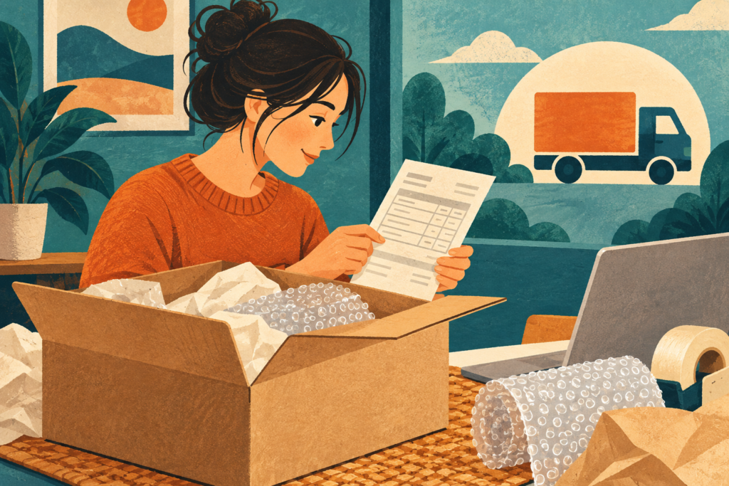 Ilustración generada con inteligencia artificial: una persona revisa un comprobante junto a una caja para envío.
