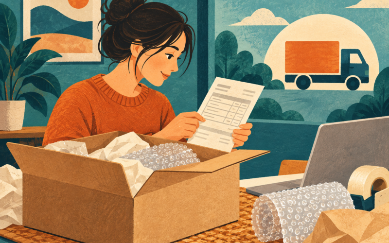 Ilustración generada con inteligencia artificial: una persona revisa un comprobante junto a una caja para envío.