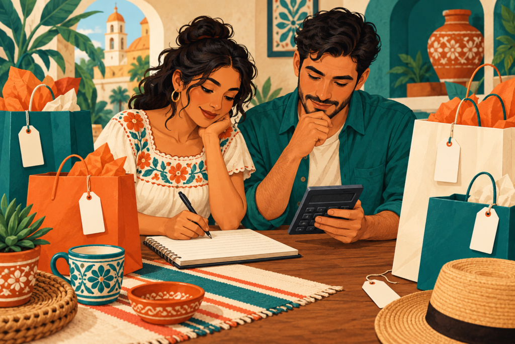 Ilustración generada con inteligencia artificial: dos personas calculan un presupuesto junto a bolsas de compras.