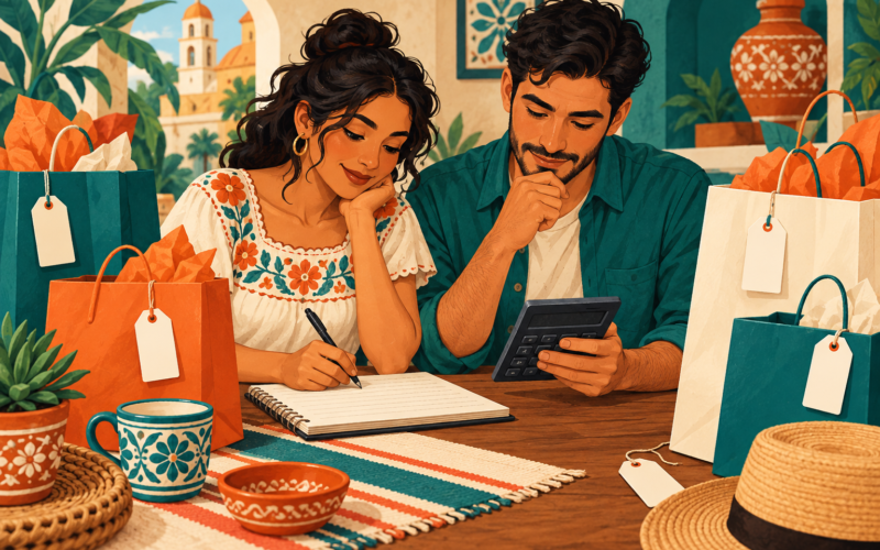 Ilustración generada con inteligencia artificial: dos personas calculan un presupuesto junto a bolsas de compras.
