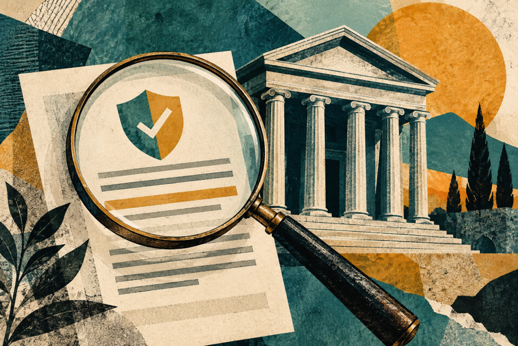 Ilustración generada con inteligencia artificial: una lupa examina un documento junto a un edificio financiero genérico.