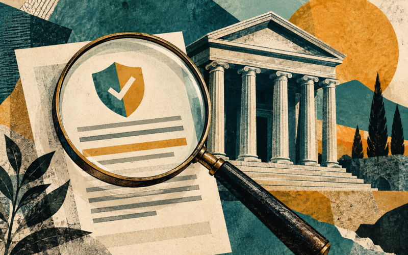 Ilustración generada con inteligencia artificial: una lupa examina un documento junto a un edificio financiero genérico.
