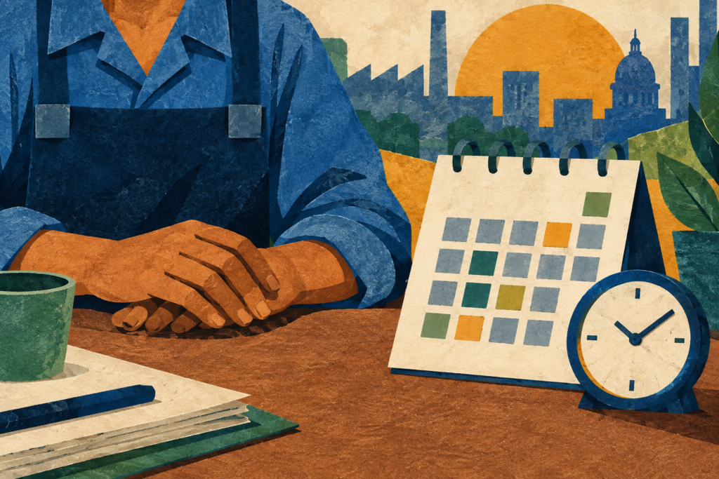 Ilustración generada con inteligencia artificial: manos de una persona trabajadora junto a un calendario y un reloj.