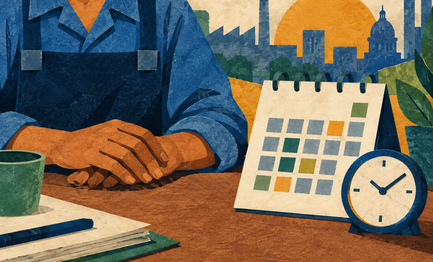 Ilustración generada con inteligencia artificial: manos de una persona trabajadora junto a un calendario y un reloj.