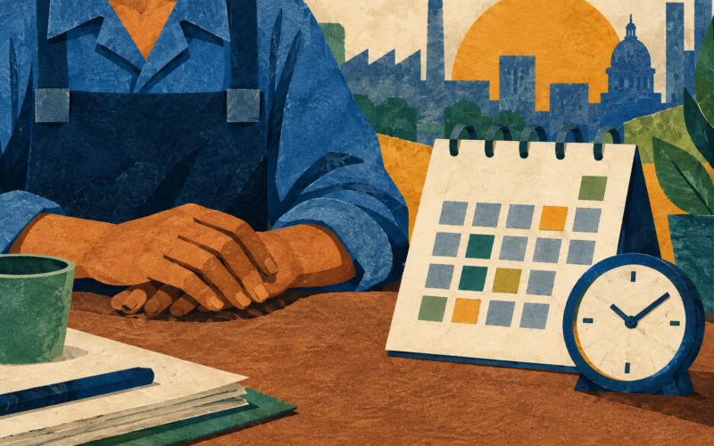 Ilustración generada con inteligencia artificial: manos de una persona trabajadora junto a un calendario y un reloj.