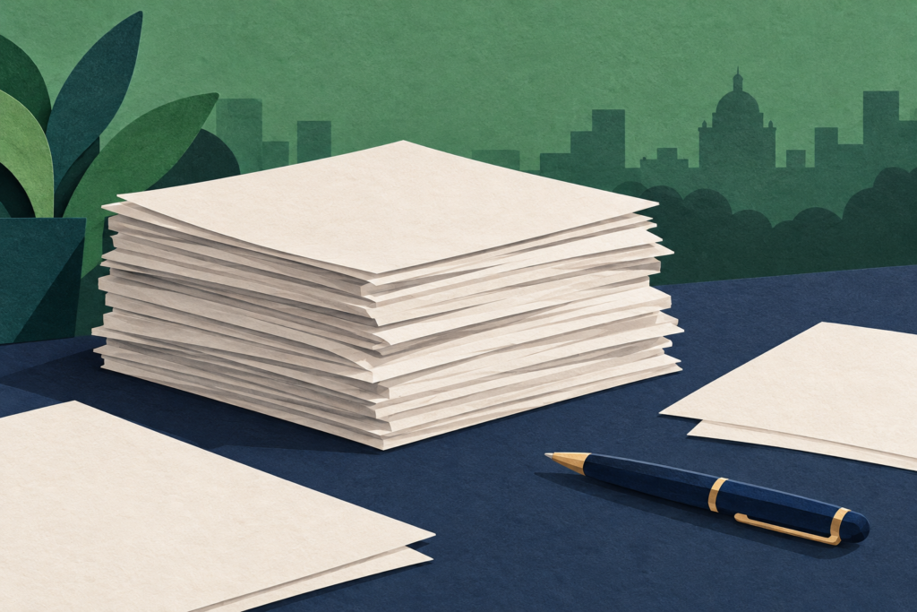 Ilustración generada con inteligencia artificial: documentos sin texto y un bolígrafo sobre una mesa.