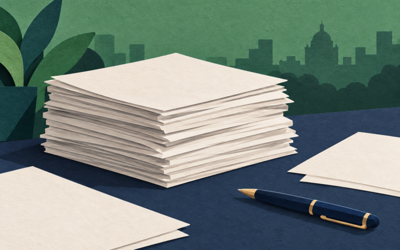 Ilustración generada con inteligencia artificial: documentos sin texto y un bolígrafo sobre una mesa.
