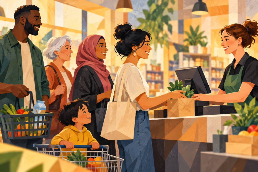Ilustración generada con inteligencia artificial: personas diversas hacen compras y son atendidas en una tienda.