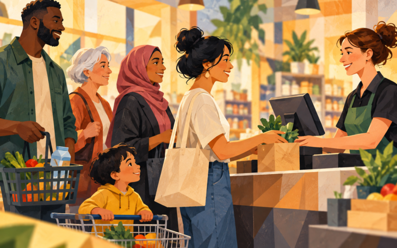 Ilustración generada con inteligencia artificial: personas diversas hacen compras y son atendidas en una tienda.