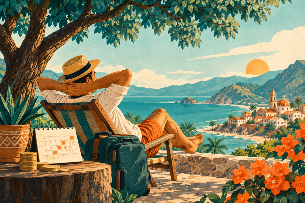 Ilustración generada con inteligencia artificial: una persona ficticia descansa frente al mar junto a un calendario y monedas.