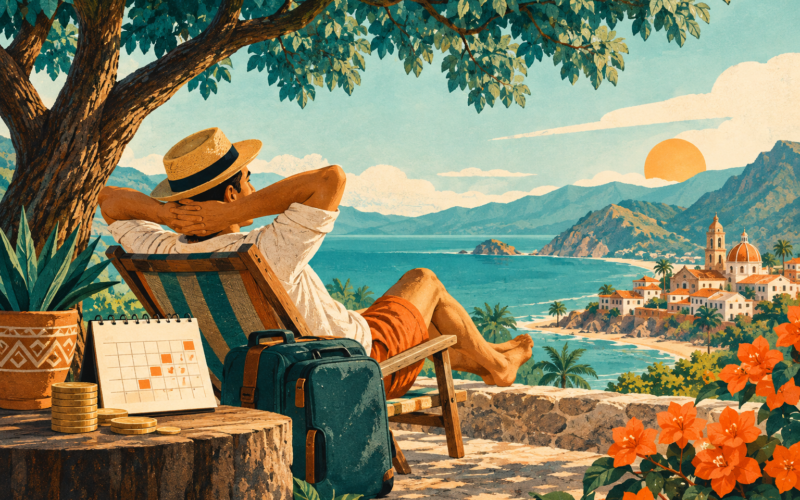 Ilustración generada con inteligencia artificial: una persona ficticia descansa frente al mar junto a un calendario y monedas.