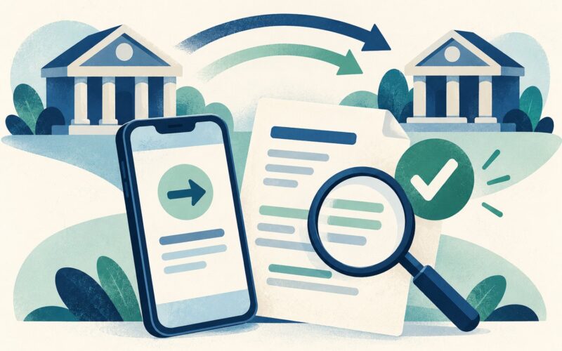 Ilustración conceptual de un teléfono, un comprobante y una lupa para verificar una transferencia.
